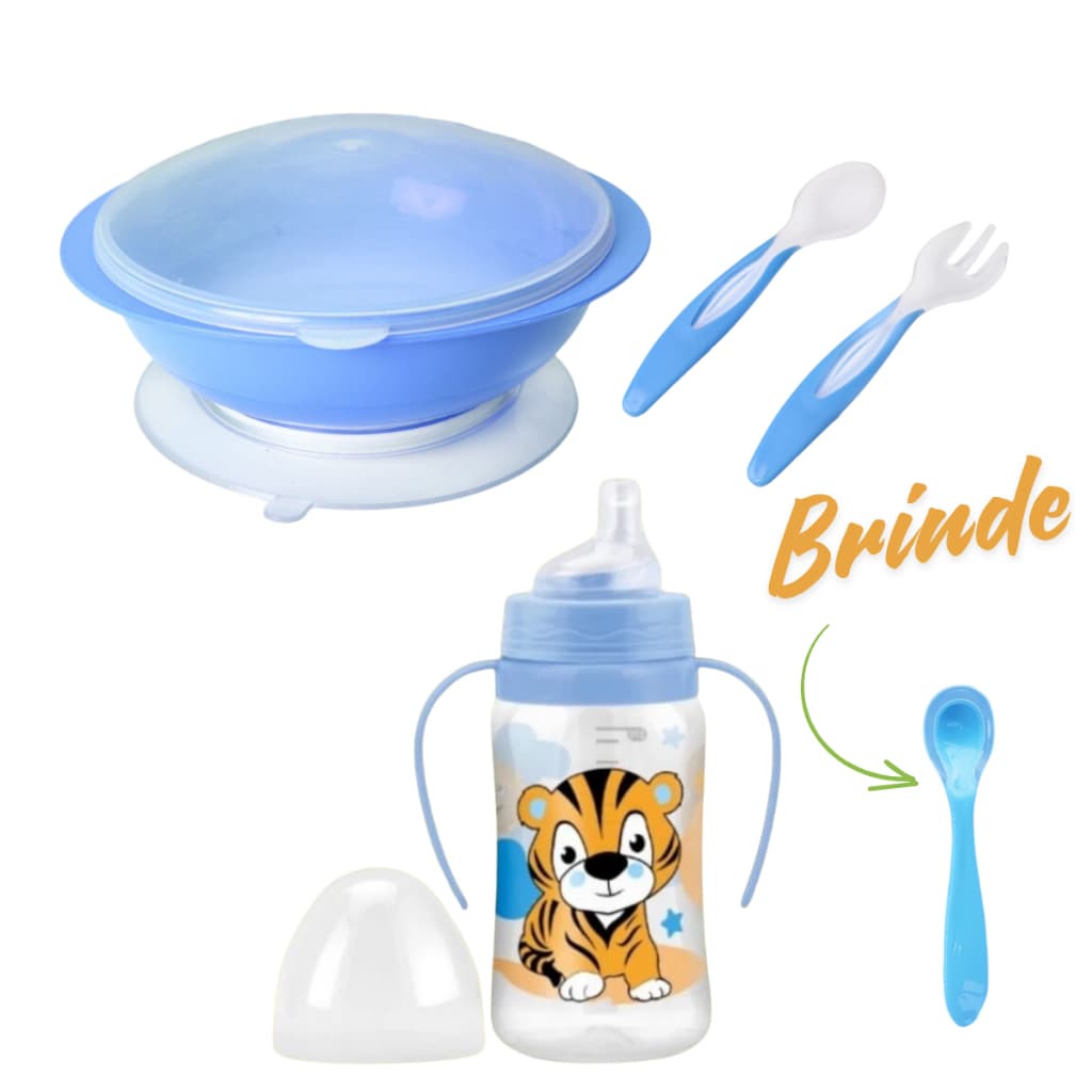 Kit Refeição Para Bebê Super Luxo Pratinho + Copo Antivazamento + Colher Silicone