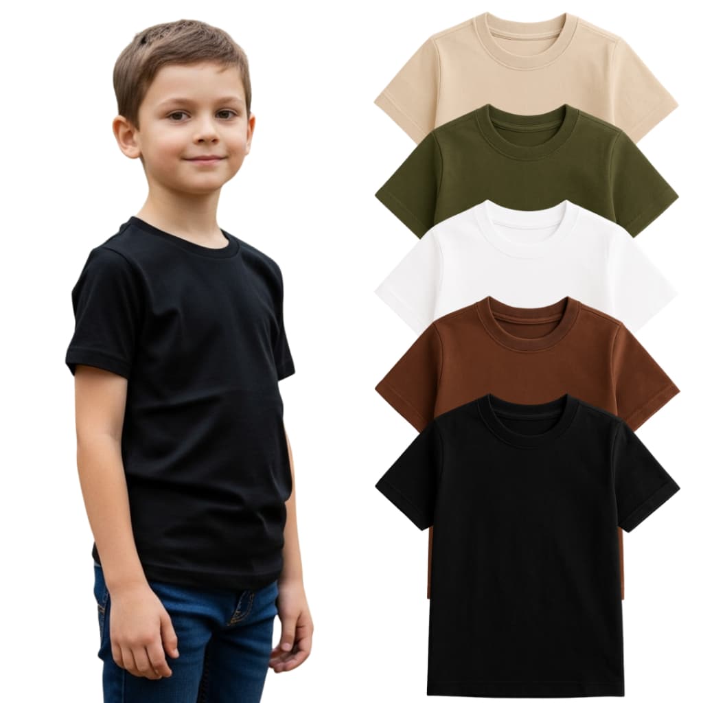 Kit com 5 Camiseta Infantil 100% Lisa Básica Manga Curta Unissex Masculina e Feminino Lisa Básica