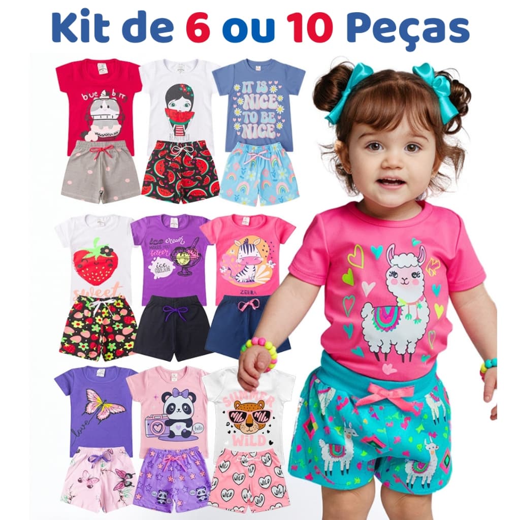 Kit de 6 ou 10 Peças Roupa Infantil Menina 5 Camisetas e 5 Shorts Conjunto Infantil Feminina Verão